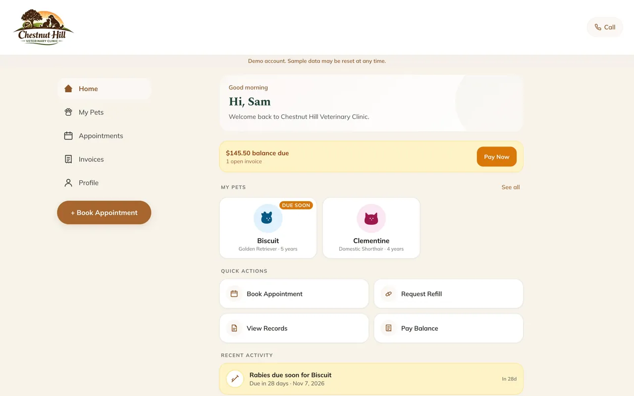 The Chestnut Hill client app on a laptop, signed in as a fictional demo family. Private beta, fictional demo data.
