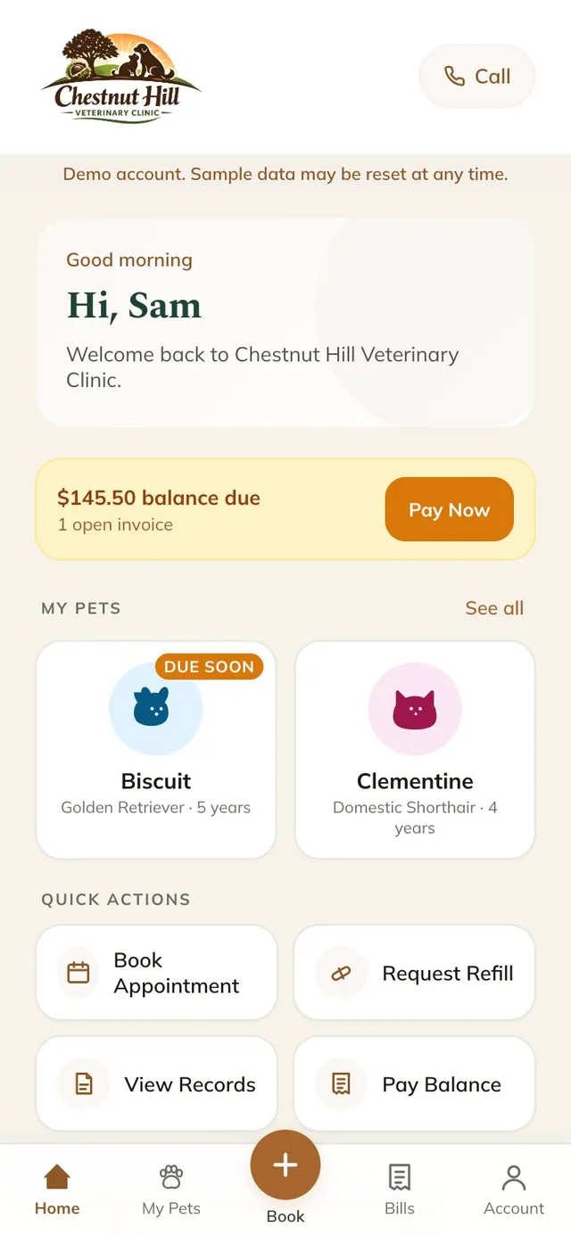 The Chestnut Hill client app on a phone, showing a fictional family's pets, a balance due, and quick actions. Private beta, fictional demo data.
