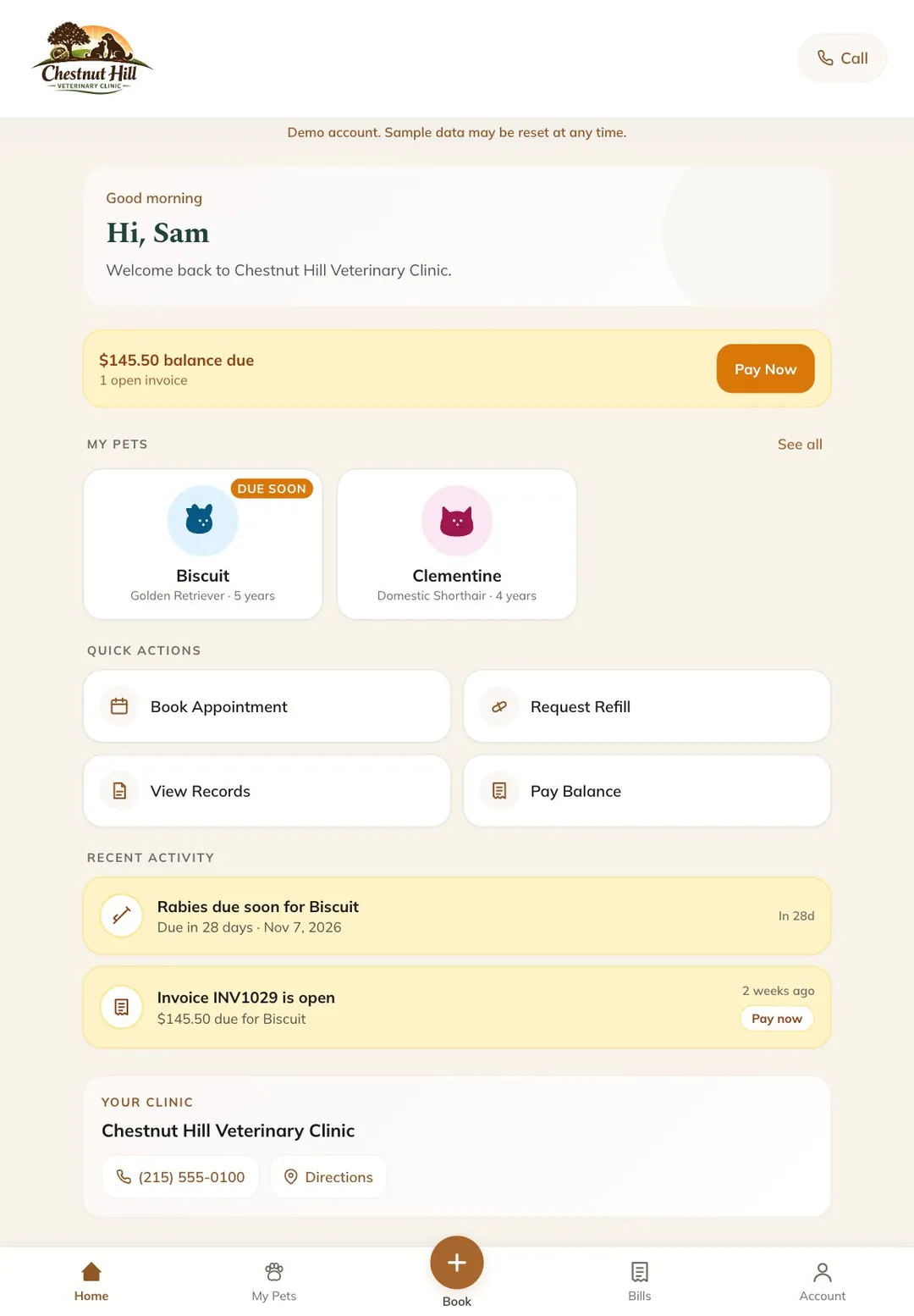 The Chestnut Hill client app on a tablet held upright, with a fictional family's pets, recent activity, and the clinic's contact details. Private beta, fictional demo data.