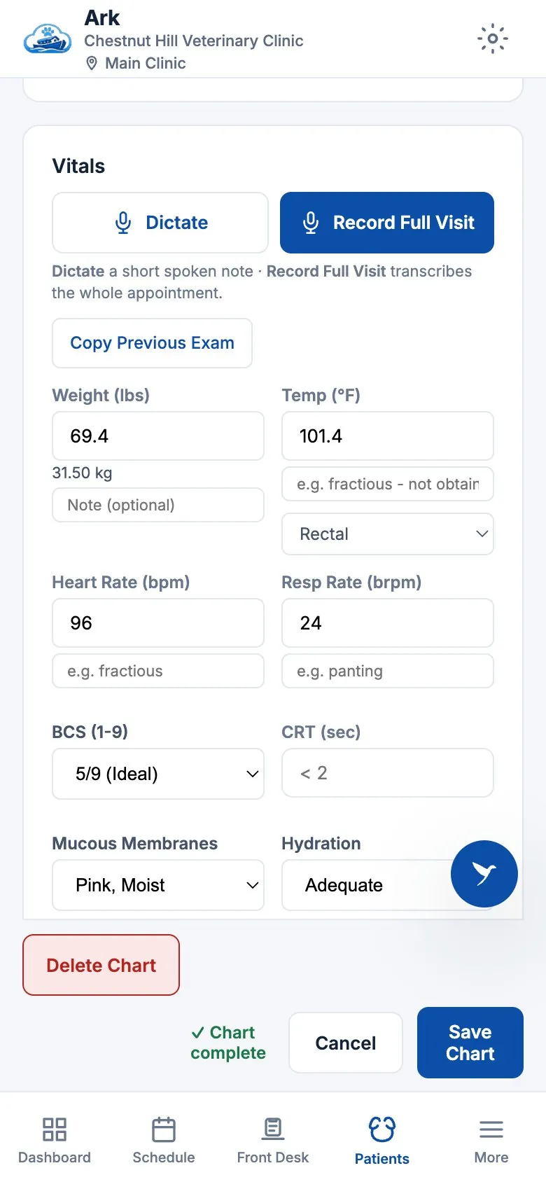 The same visit chart on a phone, with buttons to dictate a note or record the full visit and the vitals filled in. Private beta, fictional demo data.