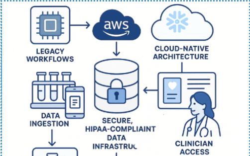 Diagram of secure HIPAA-compliant data infrastructure with AWS, data ingestion, sample tracking, cloud-native architecture, clinician access, and wellness reporting