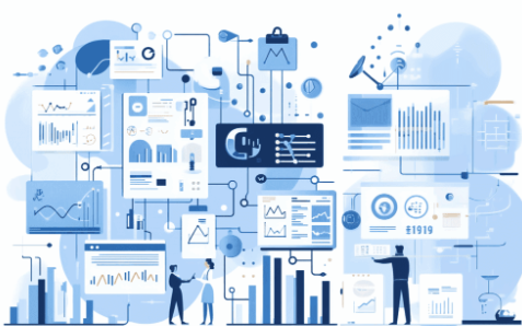 Illustration of unified data pipelines and dashboards with charts, analytics, and reporting for business teams